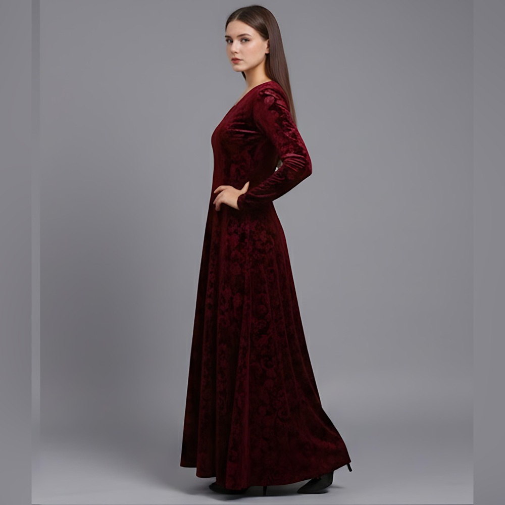Burgundy  V-Neck Velvet Long Sleeve Dress - Picture 6 of 10